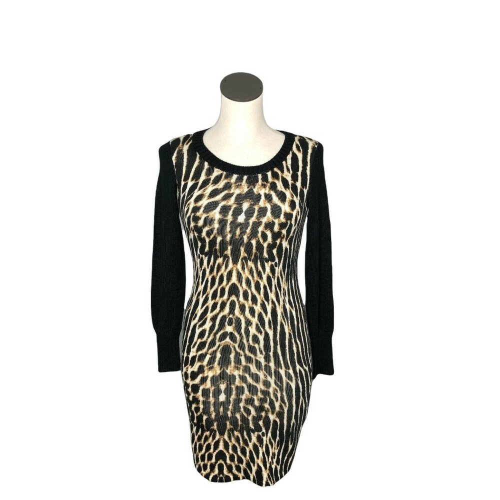 Vince Camuto Sweater Dress Womens Small Animal Print Black Tan Brown Long Sleeve